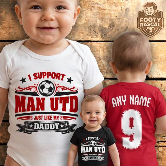 Man Utd Baby Grow – Personalised with Name & Number – Football Baby Gift