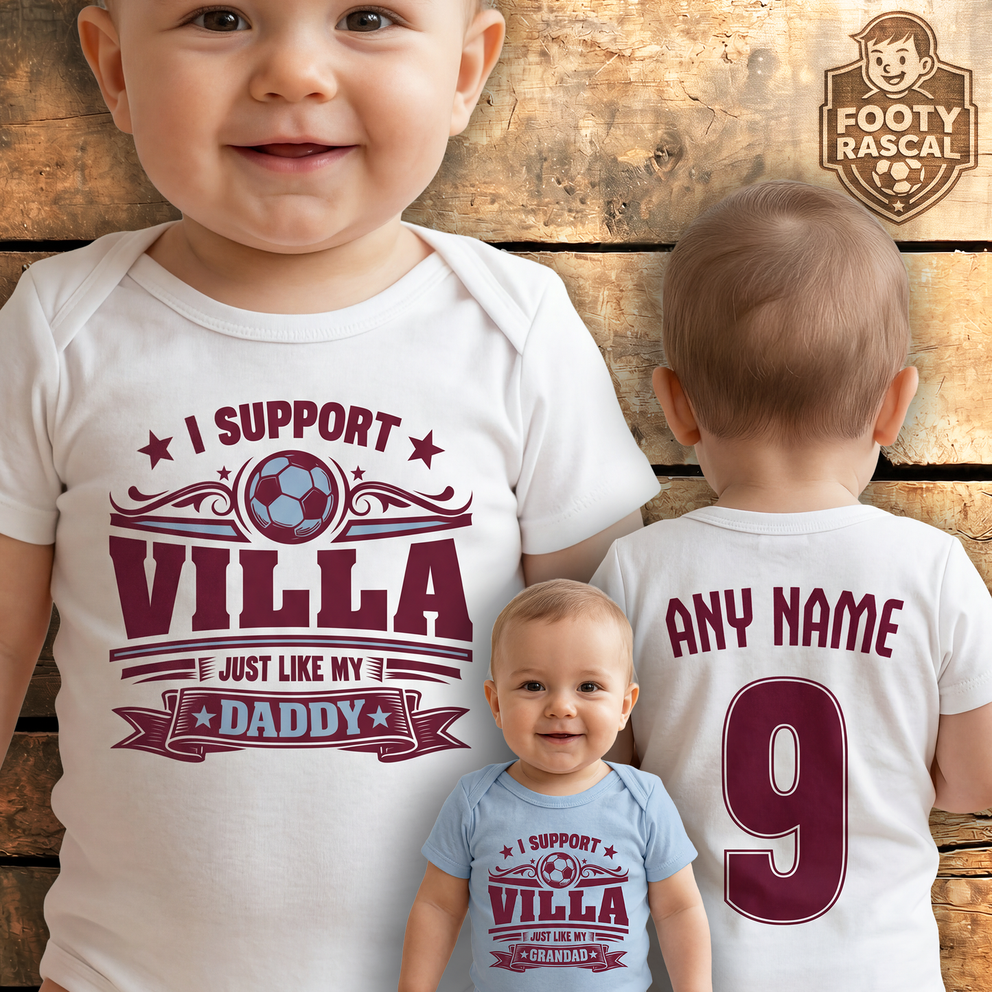 Villa Baby Grow – Personalised with Name & Number – Football Baby Gift