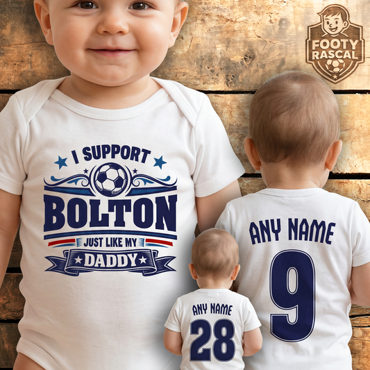 Bolton Baby Grow – Personalised with Name & Number – Football Baby Gift