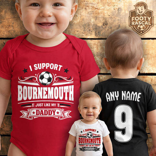 Bournemouth Baby Grow – Personalised with Name & Number – Football Baby Gift