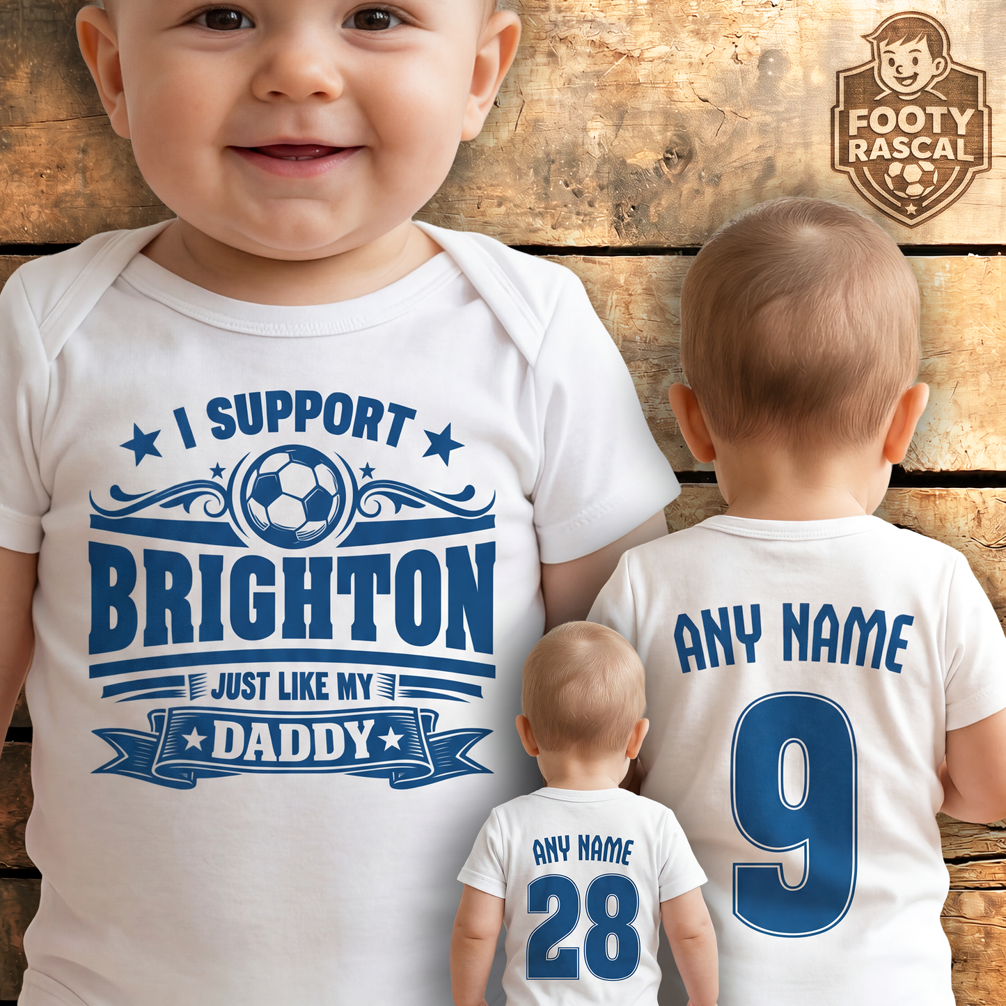 Brighton Baby Grow – Personalised with Name & Number – Football Baby Gift