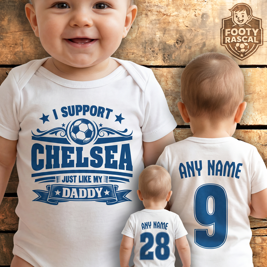 Chelsea Baby Grow – Personalised with Name & Number – Football Baby Gift