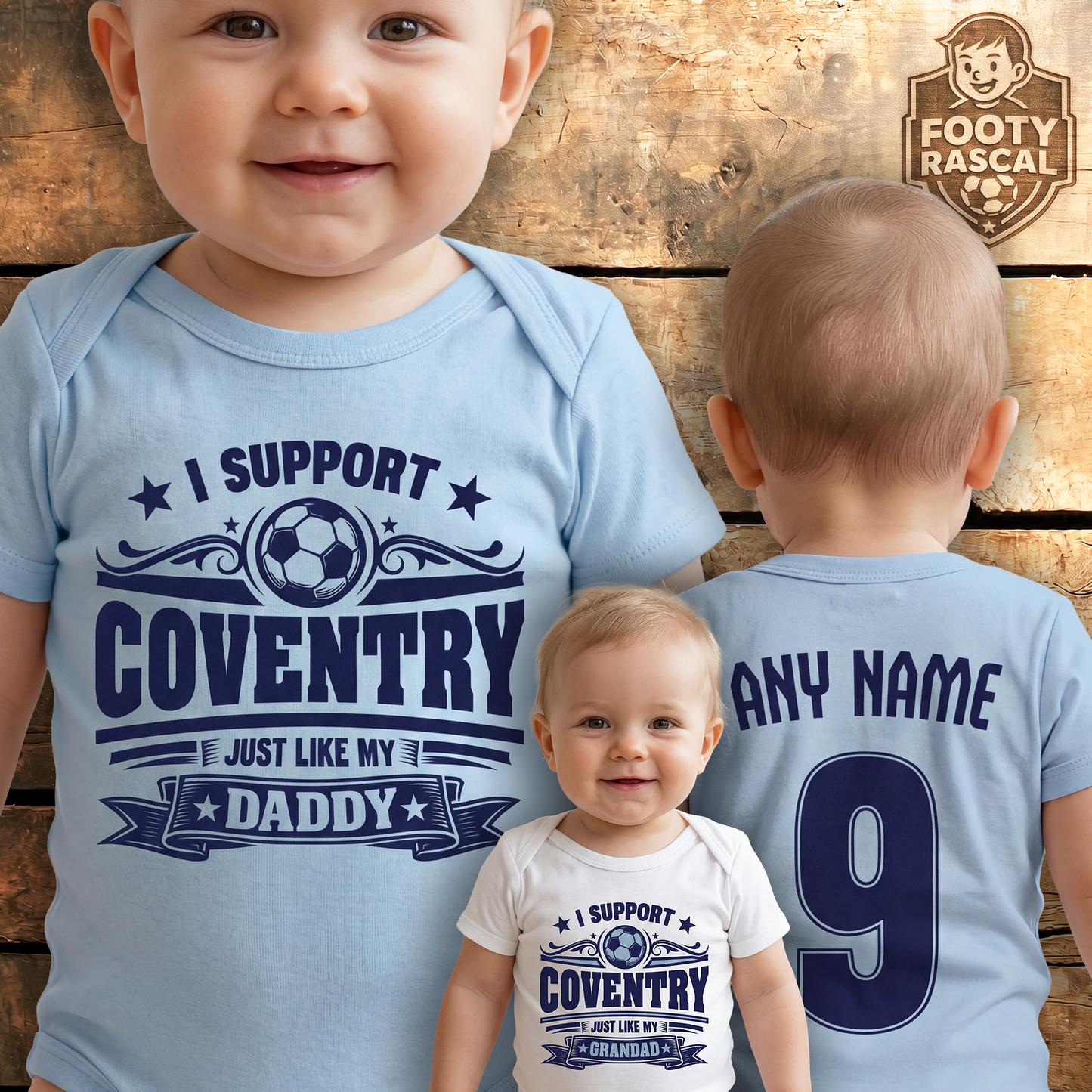 Coventry Baby Grow – Personalised with Name & Number – Football Baby Gift