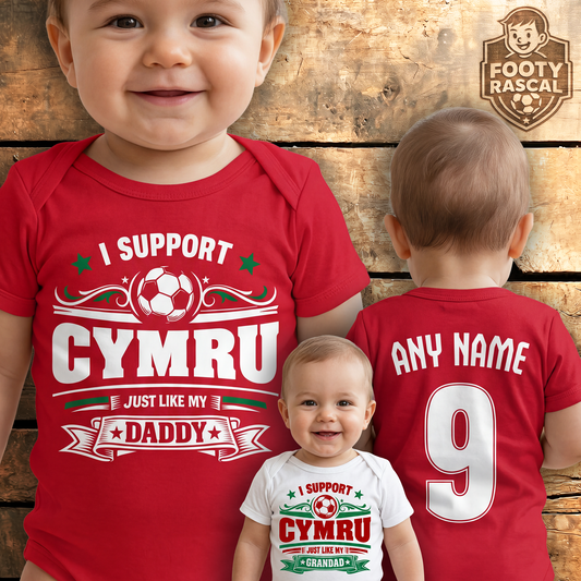 Cymru Baby Grow – Personalised with Name & Number – Football Baby Gift