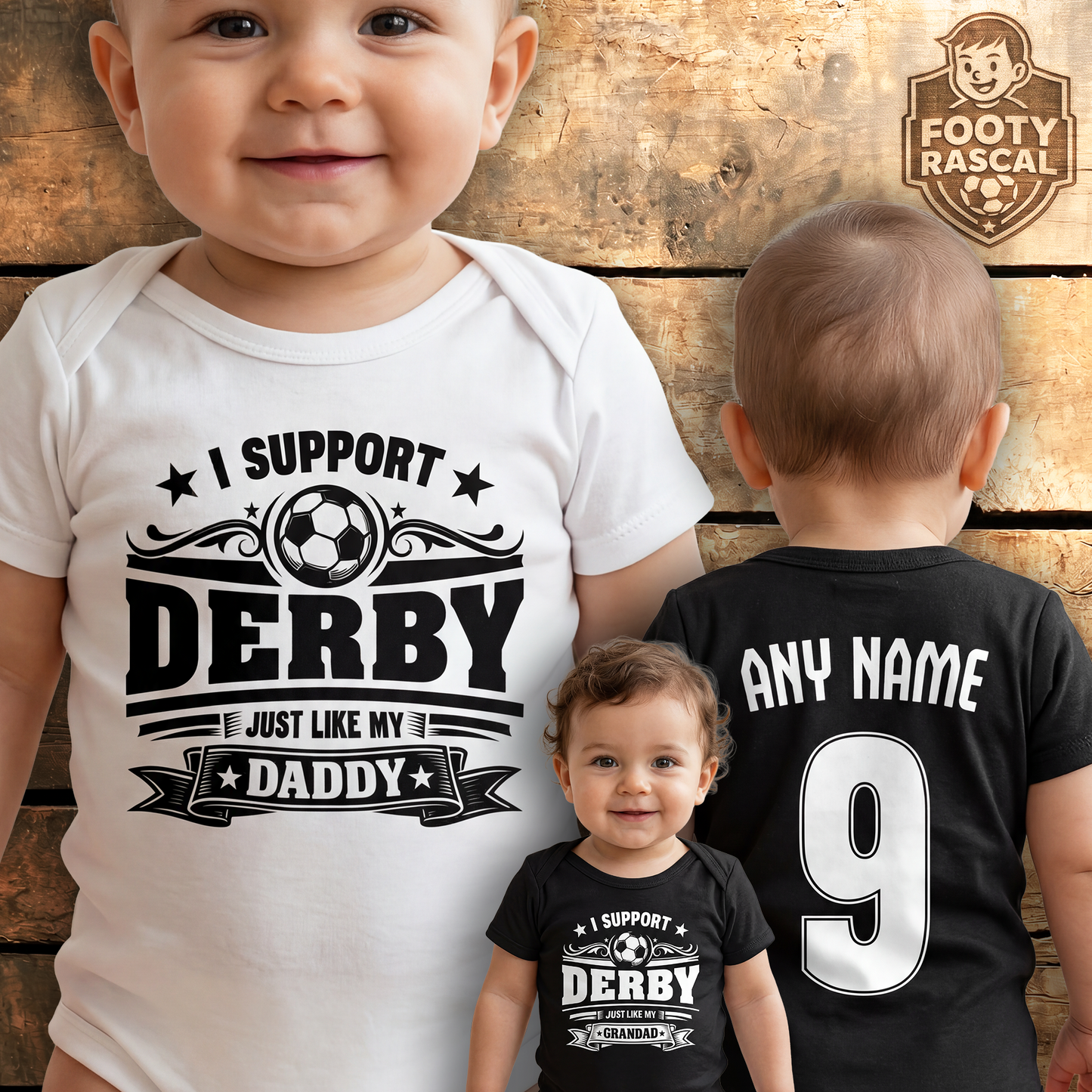 Derby Baby Grow – Personalised with Name & Number – Football Baby Gift