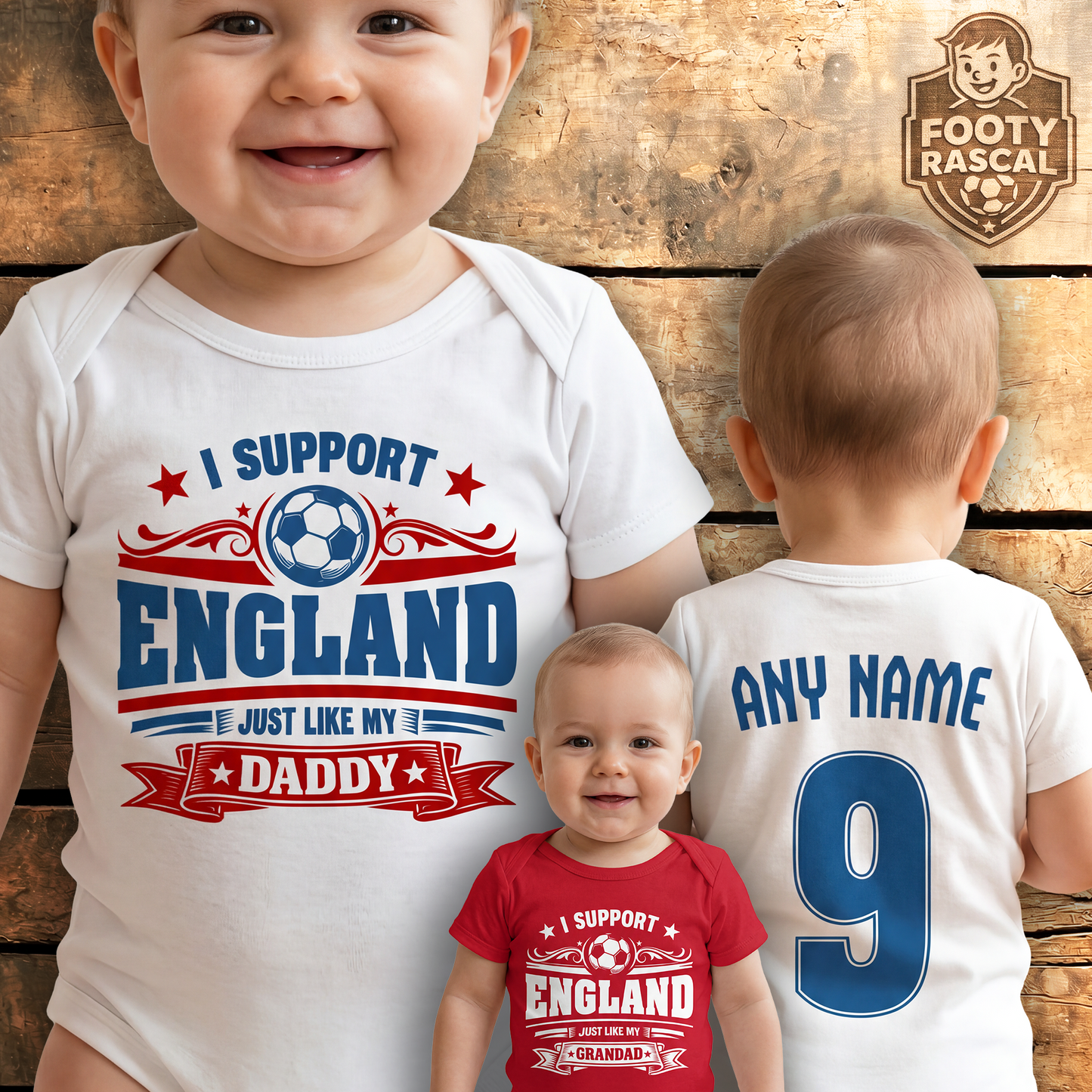 England Baby Grow – Personalised with Name & Number – Football Baby Gift