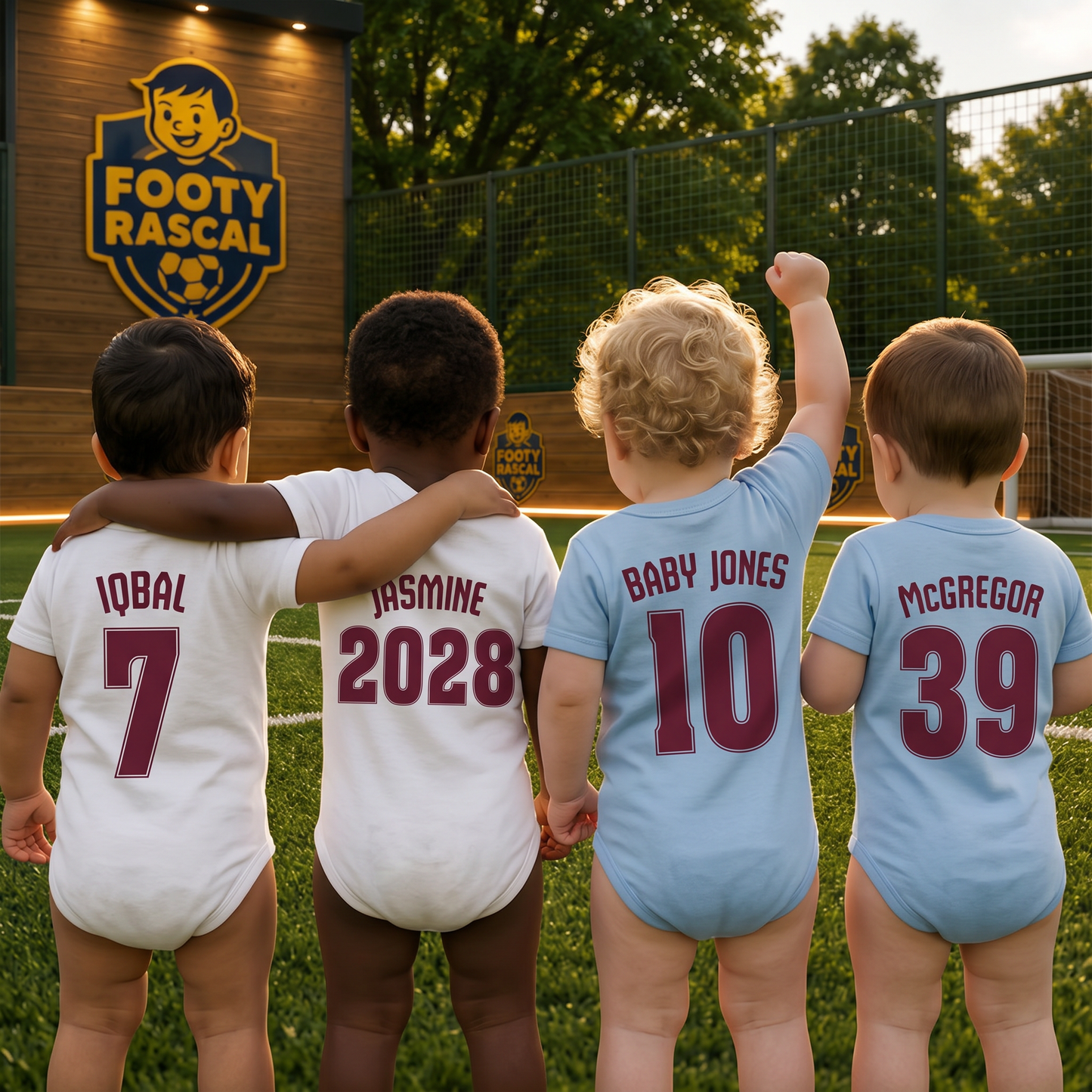 Villa Baby Grow – Personalised with Name & Number – Football Baby Gift