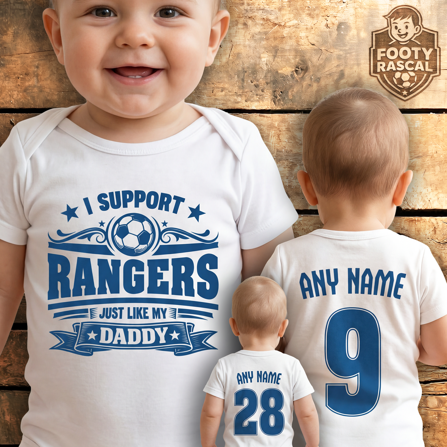 Rangers Baby Grow – Personalised with Name & Number – Football Baby Gift