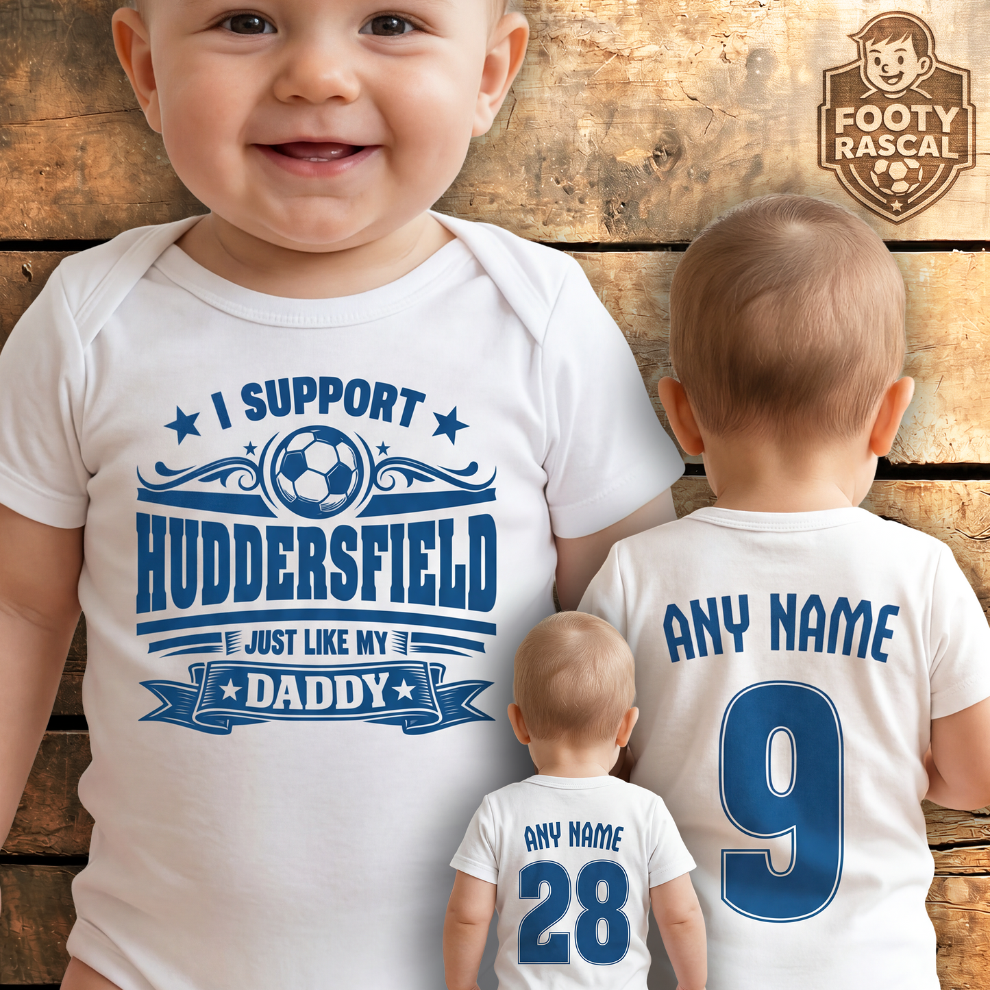 Huddersfield Baby Grow – Personalised with Name & Number – Football Baby Gift