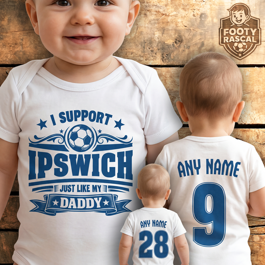 Ipswich Baby Grow – Personalised with Name & Number – Football Baby Gift