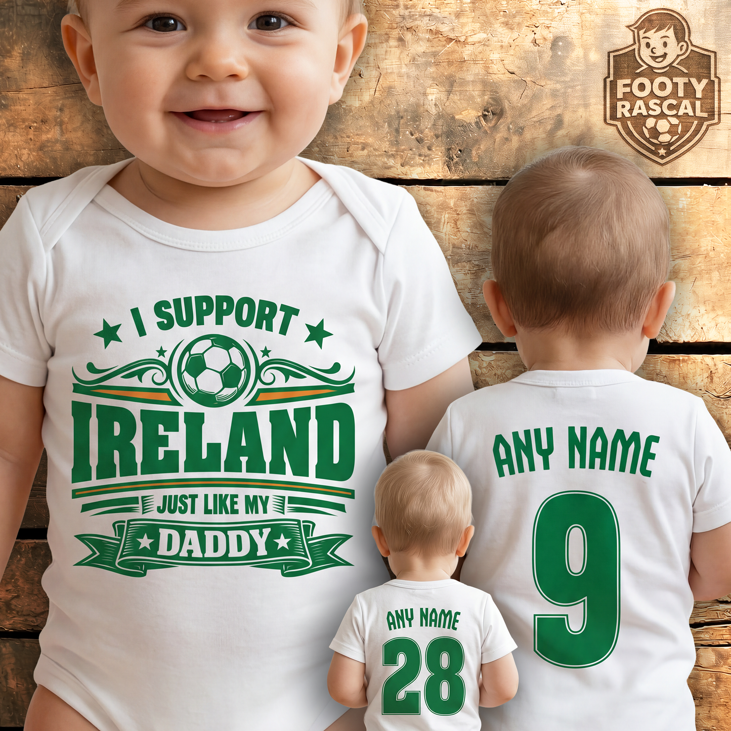 Ireland Baby Grow – Personalised with Name & Number – Football Baby Gift
