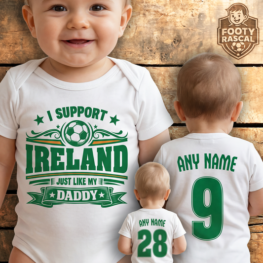 Ireland Baby Grow – Personalised with Name & Number – Football Baby Gift