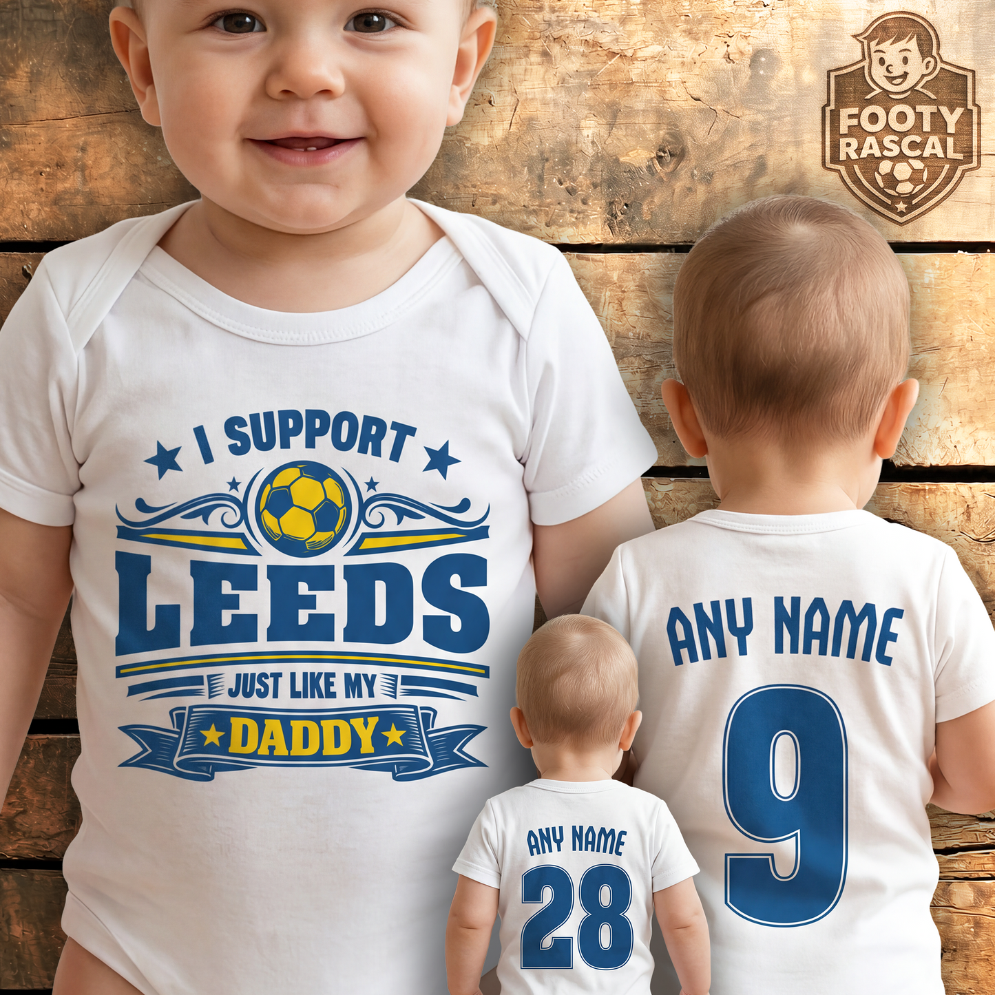 Leeds Baby Grow – Personalised with Name & Number – Football Baby Gift