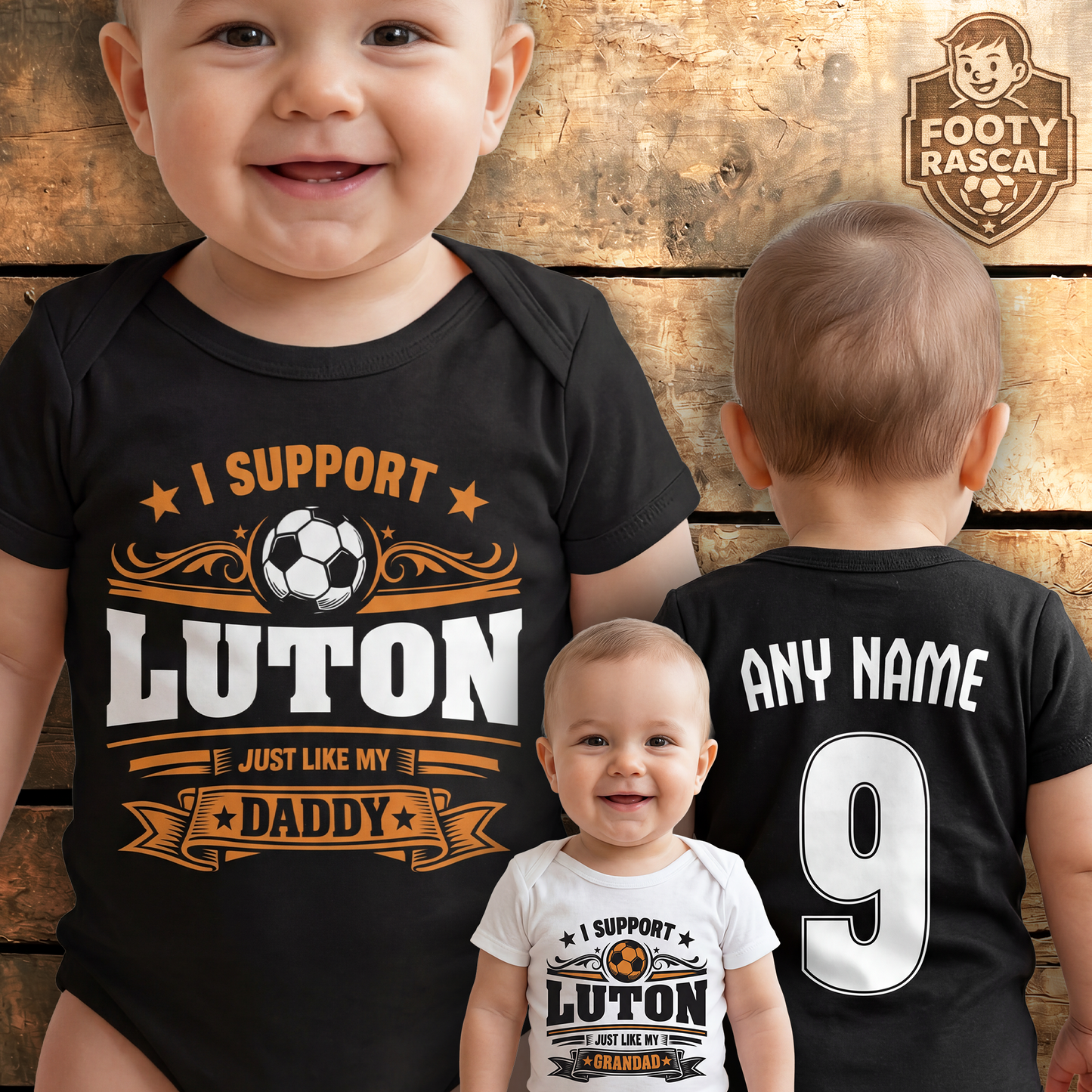 Luton Baby Grow – Personalised with Name & Number – Football Baby Gift