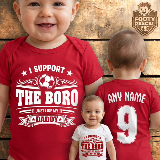 Middlesbrough The Boro Baby Grow – Personalised with Name & Number – Football Baby Gift