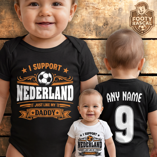 Netherlands Baby Grow – Personalised with Name & Number – Football Baby Gift