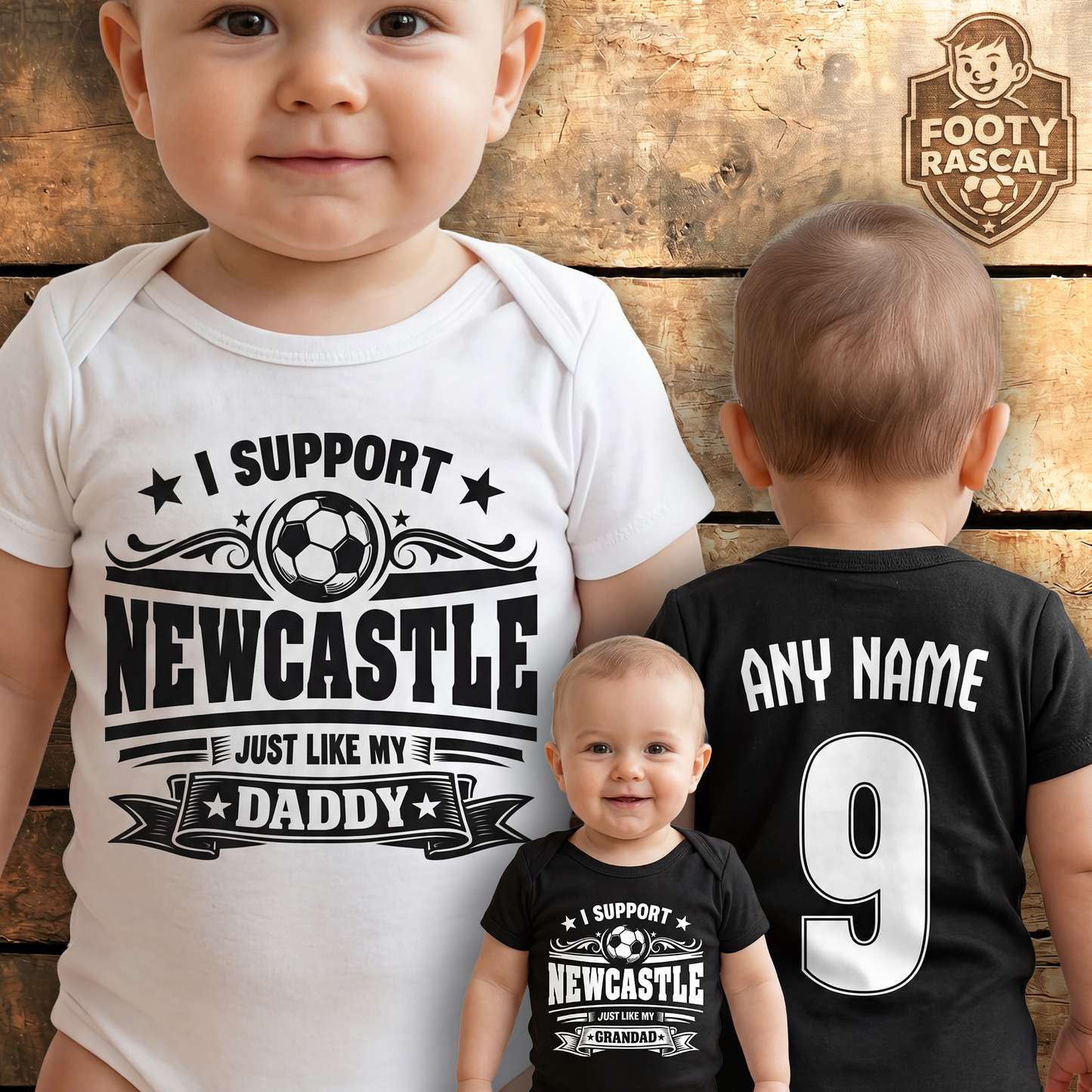 Newcastle Baby Grow – Personalised with Name & Number – Football Baby Gift