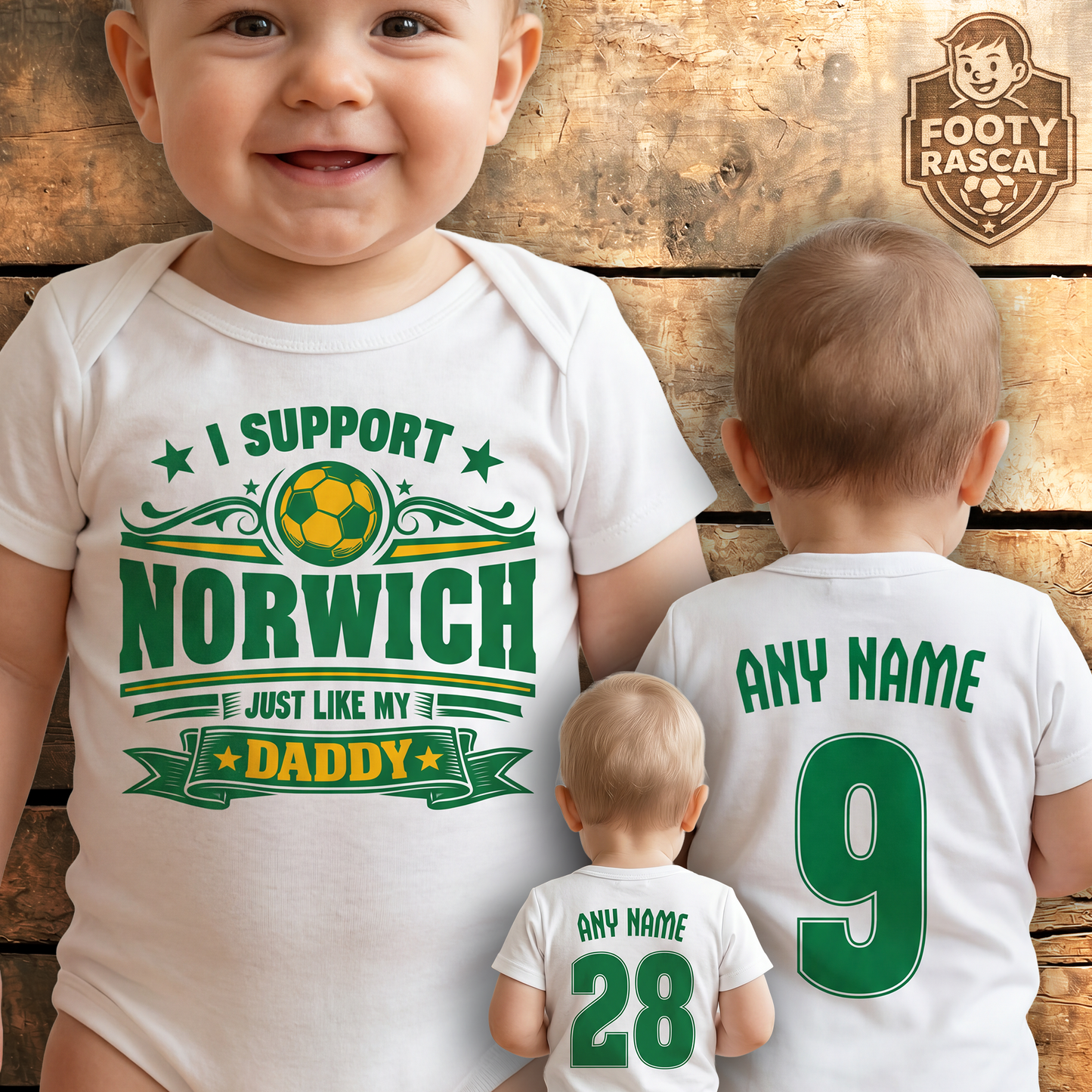 Norwich Baby Grow – Personalised with Name & Number – Football Baby Gift