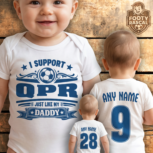 Queens Park QPR Baby  Grow – Personalised with Name & Number – Football Baby Gift
