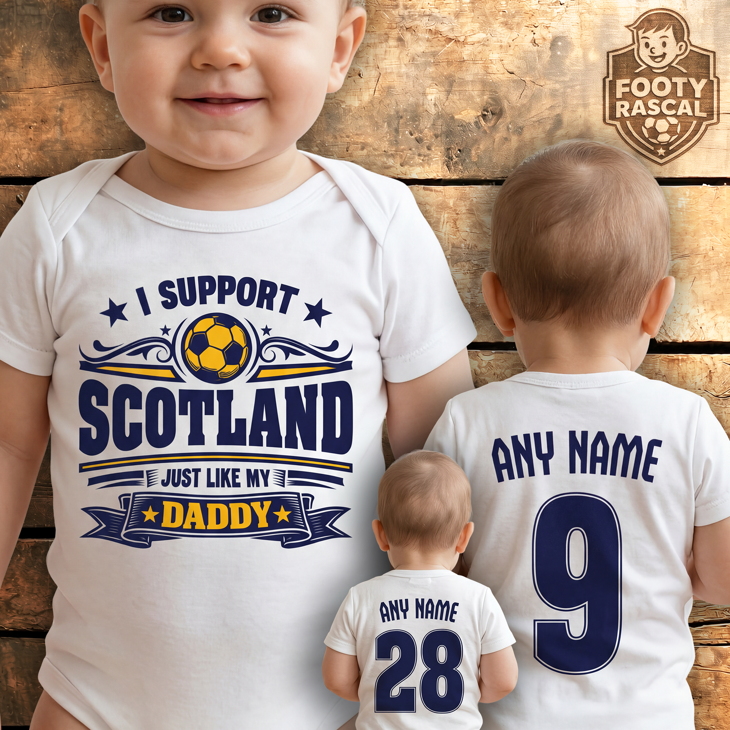 Scotland Baby Grow – Personalised with Name & Number – Football Baby Gift