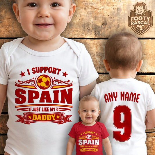 Spain Baby Grow – Personalised with Name & Number – Football Baby Gift