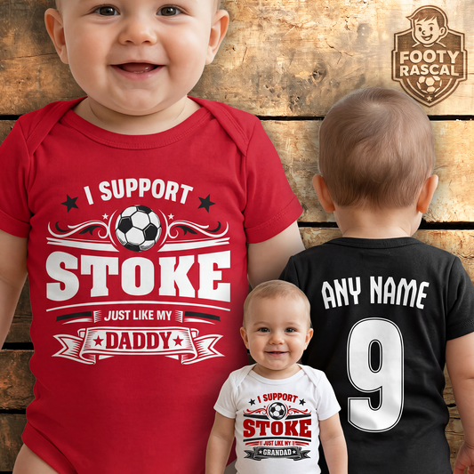 Stoke Baby Grow – Personalised with Name & Number – Football Baby Gift