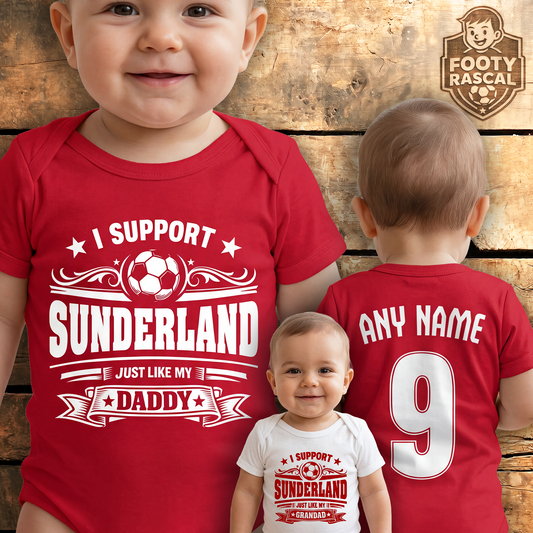 Sunderland Baby Grow – Personalised with Name & Number – Football Baby Gift