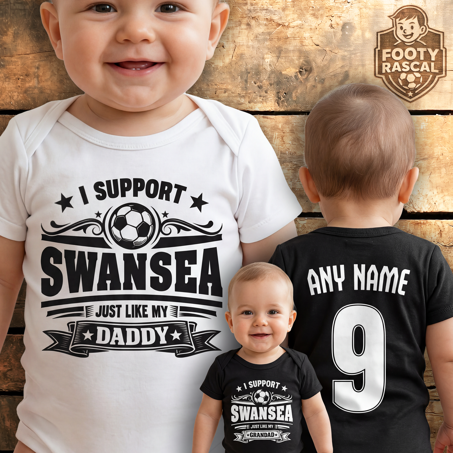 Swansea Baby Grow – Personalised with Name & Number – Football Baby Gift