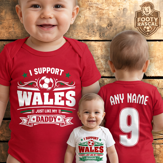 Wales Baby Grow – Personalised with Name & Number – Football Baby Gift