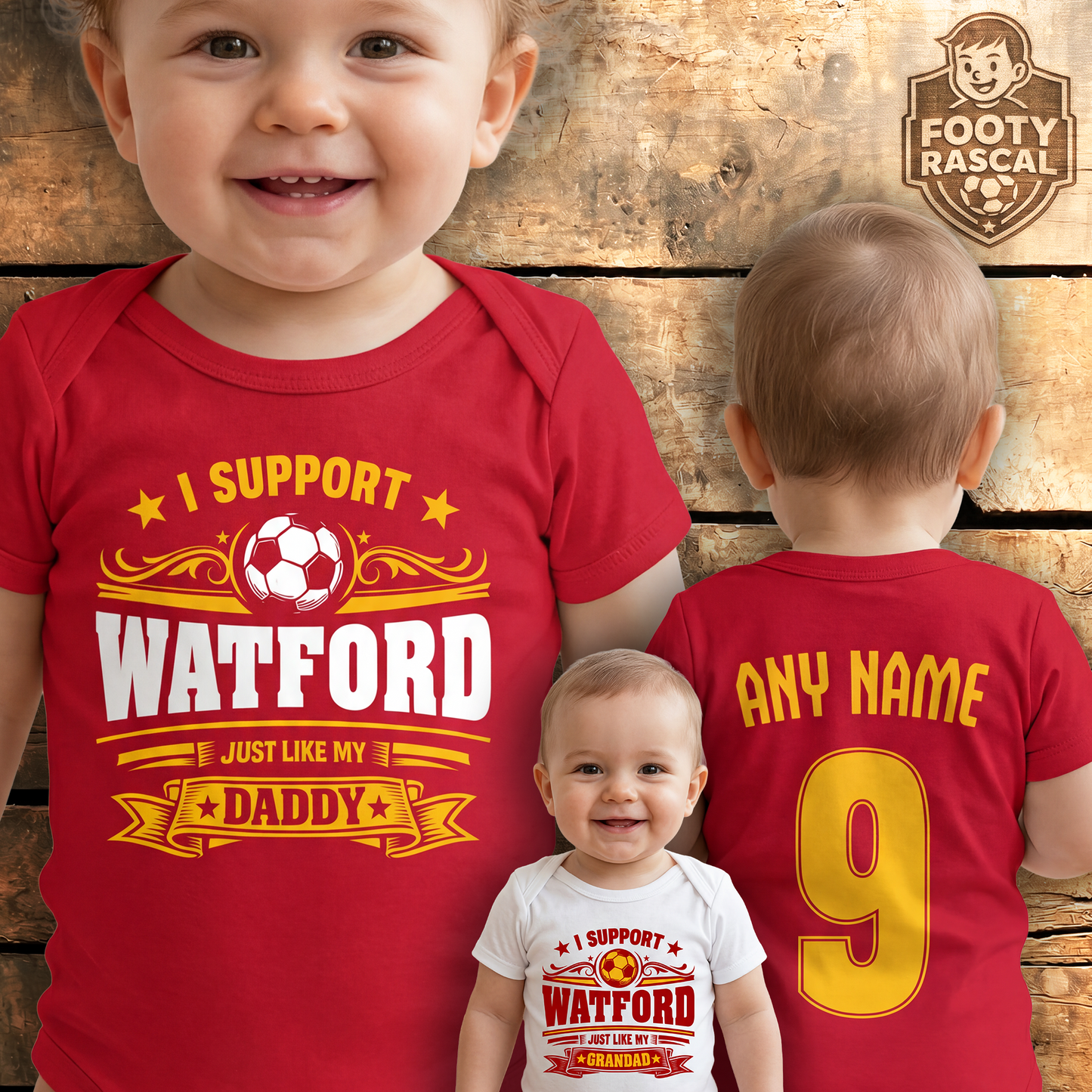 Watford Baby Grow – Personalised with Name & Number – Football Baby Gift