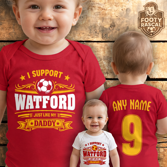 Watford Baby Grow – Personalised with Name & Number – Football Baby Gift