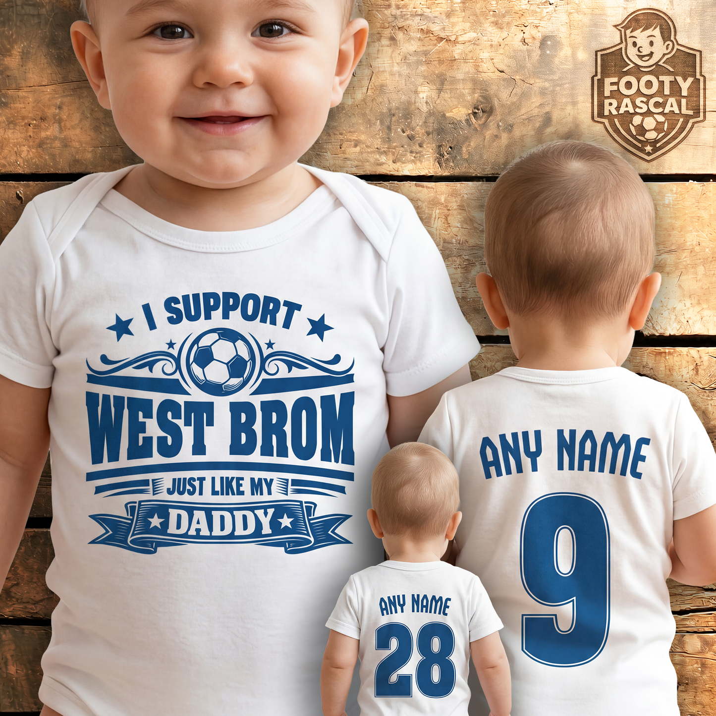 West Brom Baby Grow – Personalised with Name & Number – Football Baby Gift