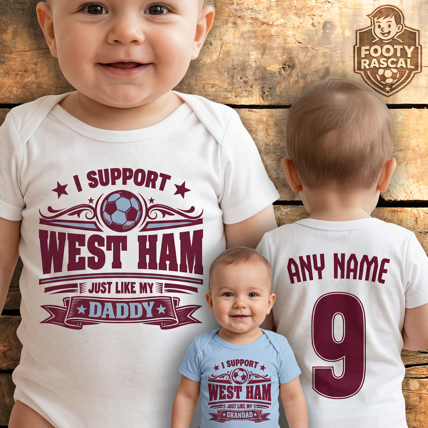 West Ham Baby Grow – Personalised with Name & Number – Football Baby Gift