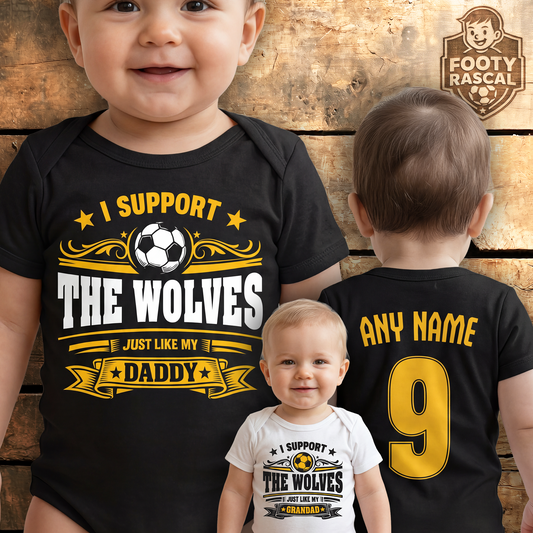 Wolves Baby Grow – Personalised with Name & Number – Football Baby Gift
